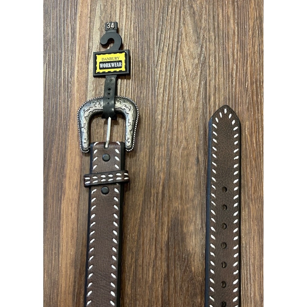 Danbury Work Wear Belt Mens Size 34 Brown Leather White‎ Stitching 1.5" Wide New